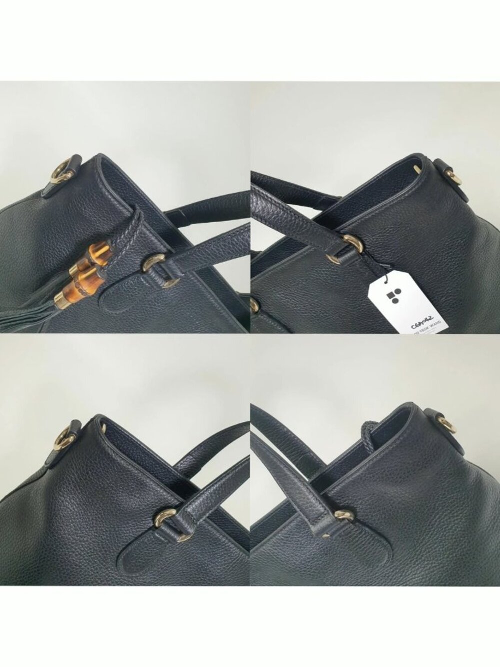 Authentic Gucci Black Leather Tote Bag Bamboo Tassel Crossbody Satchel Gold Hard - Picture 6 of 12